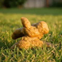 Excremento de perro con diarrea amarilla sobre césped verde.
