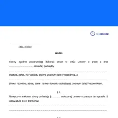 Aneks do umowy o pracę. Dokument zawiera dane pracodawcy i pracownika, a także postanowienia dotyczące zmian w umowie.