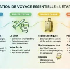 Illustration des 4 étapes de préparation de voyage : documents, billets d'avion, bagage cabine et bagage en soute.