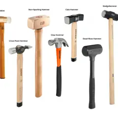 Diversos tipos de martillo: mazo, bola, cruz, garra, sin chispa, club, dead-blow, sledgehammer, tack y tethered.