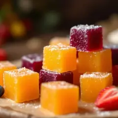 Délicieuses pâtes de fruits maison, orange et violettes, saupoudrées de sucre. Une recette pâte de fruits facile pour un plaisir fruité.