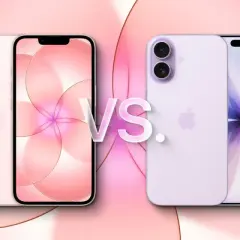 Porównanie iPhone'ów: który iPhone jest najbardziej opłacalny? Różowe i fioletowe modele iPhone'ów na tle pastelowych kształtów.