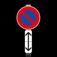 Panneau de signalisation : interdiction de stationner. Le panneau rond rouge et bleu barré d'une bande rouge indique une interdiction. Les flèches indiquent la zone concernée.