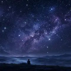 Persona sentada en una colina, contemplando un cielo estrellado y brumoso. Es un lugar perfecto para soñar con estrellas fugaces y pedir deseos.