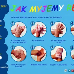 Instrukcja mycia rąk: od zmoczenia po osuszenie. Pamiętaj o myciu rąk po toalecie, przed jedzeniem, po zabawie ze zwierzakami i na świeżym powietrzu.