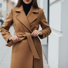 Elegancka kobieta w płaszczu wiąże pasek z materiału. Pokazujemy, jak zawiązać pasek z materiału, by podkreślić talię.