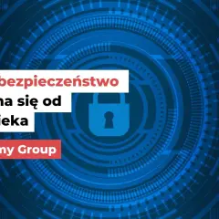 Cyberbezpieczeństwo zaczyna się od człowieka. Grafika z hasłem i symbolem kłódki. TestArmy Group.