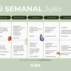 Menú semanal de julio con opciones de comida y cena para cada día, incluyendo gazpacho, ensaladas y platos con verduras.
