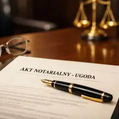 Akt notarialny - ugoda, pióro, okulary i waga sprawiedliwości na biurku. Sfinalizowanie sprawy, która mogła prowadzić do eksmisji, poprzez ugodę.