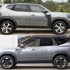 Due Dacia Duster grigie, una all'aperto e una in uno showroom, mostrano il design robusto della nuova Dacia Striker.