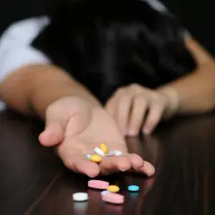 Otwarta dłoń z garścią tabletek, w tym żółte, białe, różowe i niebieskie. W tle rozmazana postać. Czy to Xanax? Co to jest?
