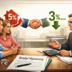 Para z doradcą omawia renegocjację kredytu hipotecznego. Wskaźnik oprocentowania spada z 5% do 3%.