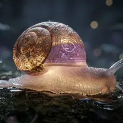 Un caracol con una concha ornamentada y translúcida, iluminada desde dentro, se desliza sobre musgo húmedo. Un mundo mágico para soñar con caracoles.