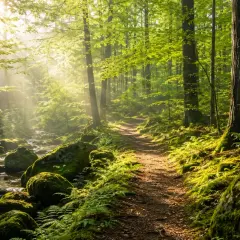 Promienny las, ścieżka i strumyk zapraszają na **shinrin yoku**. Promienie słońca przebijają się przez liście, tworząc magiczną atmosferę.