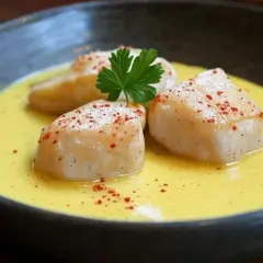 Trois morceaux de lotte poisson, saupoudrés de paprika, baignent dans une sauce crémeuse et jaune, garnie d'une feuille de persil.