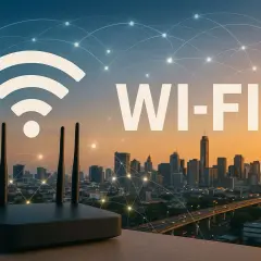 Router Wi-Fi na tle miasta o zachodzie słońca. Każdy abonent może cieszyć się szybkim połączeniem.