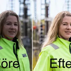 Före- och efterbilder på en kvinna i varseljacka. Bilden visar hur en redigering kan ge fina profilbilder.