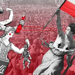 Silne kobiety, symbol feminizmu, walczą o wolność na tle tłumu. Jedna trzyma płonącą butelkę, druga unosi polską flagę.