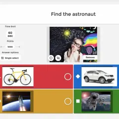 Quiz-Erstellung: Finde den Astronauten. Eine Mentimeter Alternative auf Deutsch, mit Bildoptionen und Zeitlimit.