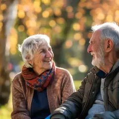 Uśmiechnięta para seniorów cieszy się jesiennym dniem w parku. Dobre samopoczucie zawdzięczają pewnie zdrowej diecie i codziennej multiwitaminie.