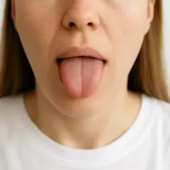 Zbliżenie na usta i język, który jest wysunięty. To kluczowy aparat artykulacyjny do tworzenia dźwięków mowy.