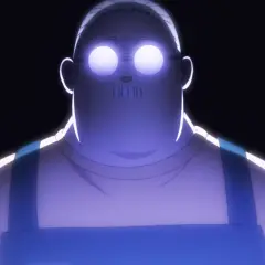 Ein Mann mit leuchtenden Augen und Schnurrbart, der eine Latzhose trägt. Möglicherweise ein Charakter aus Sakamoto Days Staffel 2.