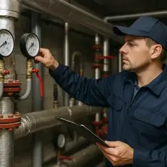 Technik sprawdza ciśnienie w rurach, przygotowując system do tego, kiedy zaczyna się sezon grzewczy.
