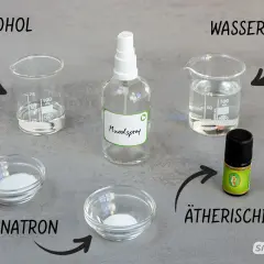 Zutaten für mundspray selber machen: Alkohol, Wasser, Xylit, Natron und ätherisches Öl.