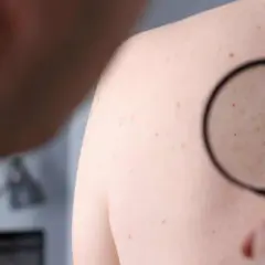 Dermatolog bada znamiona barwnikowe na plecach pacjenta za pomocą lupy.