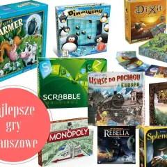 Gry planszowe dla dużej ilości osób: Super Farmer, Pingwiny na lodzie, Dixit, Wsiąść do pociągu, Scrabble, Monopoly, Robinson Crusoe, Rebelia, Splendor.
