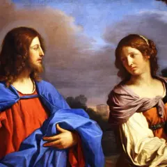 Jesus spricht zur heiligen Magdalena, die eine Kanne trägt.
