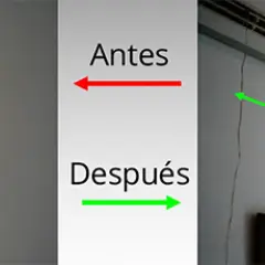 Un aire acondicionado con su compresor, mostrando un antes y un después con flechas indicando un cambio.