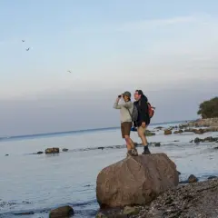 Två vandrare står på en sten vid kusten i norra Tyskland och spanar ut över havet.