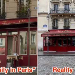 Comparaison de la façade du restaurant Terra Nera dans "Emily in Paris" et dans la réalité.