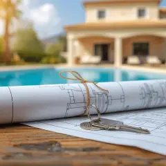 Planos de una casa con piscina y llaves, ilustrando la diferencia entre catastro y registro de la propiedad.
