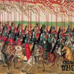 Wspaniała wizja husarii w pełnej krasie, z pióropuszami i chorągwiami, gotowa do bitwy.