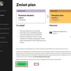 Ekran zmiany planu Spotify: obecny plan Premium Student, nowy plan Premium Duo.