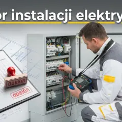 Elektryk sprawdza instalację elektryczną przy użyciu miernika. Obok protokół odbioru instalacji elektrycznej z pieczątką "ODBIÓR".