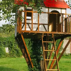Uroczy projekt domku na drzewie z czerwoną dachuówką i drewnianą drabiną, otoczony zielenią.