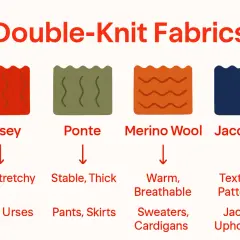 Diagram showing different types of double knit fabric: Jersey (soft, stretchy), Ponte (stable, thick), Merino Wool (warm, breathable), and Jacquard (textured, patterned).
