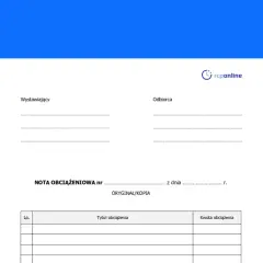 Formularz nota obciążeniowa z polami do wypełnienia dla wystawcy i odbiorcy, z miejscem na tytuł i kwotę obciążenia.