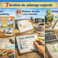 Jak zaplanować podróż: określ cel, wybierz termin, ustal budżet. Na stole vision board, kalendarz, kalkulator i pieniądze.