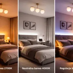 Sypialnia z łóżkiem i lampką nocną dużą, pokazująca różne barwy światła: ciepłą, neutralną i regulowaną CCT.