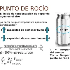 Lata de refresco con gotas de condensación. El texto explica el concepto de temperatura de rocío y cómo afecta la condensación del vapor de agua en el aire.