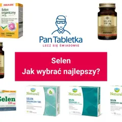 Zdjęcie przedstawia opakowania suplementów diety z selenem różnych marek.