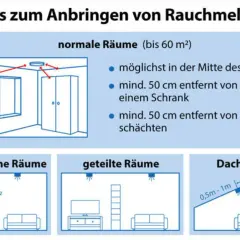 Tipps zum Anbringen von Rauchmeldern: Mitte des Raumes, 50cm von Wänden/Schränken/Lüftungsschächten. Große Räume: 1 Rauchmelder je 60m². Dachschrägen: 0,5-1m vom First.