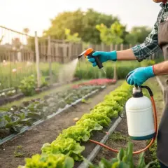 Ogrodnik stosuje Roundup 360 Plus, odmierzając odpowiednią ilość na 5 litrów wody, by chronić warzywa przed chwastami.