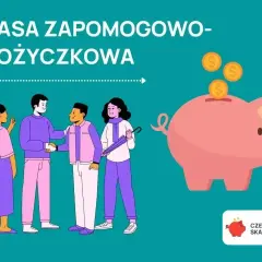 Kasa zapomogowo pożyczkowa: ludzie zawierają umowę, a obok różowa świnka-skarbonka przyjmuje monety.