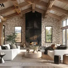 Gemütliches Wohnzimmer im modernen Landhausstil mit sichtbaren Holzbalken, Kamin und großen Fenstern.