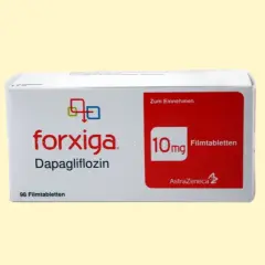 Opakowanie leku Forxiga 10mg z dapaglifloziną, 98 tabletek powlekanych.